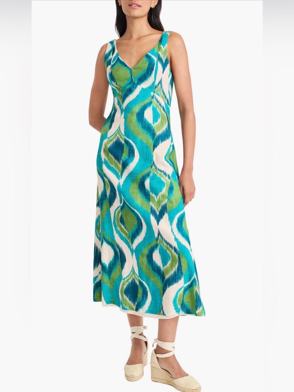 Maggy London Teal, Turquoise & Green Ikat Linen Blend Dress